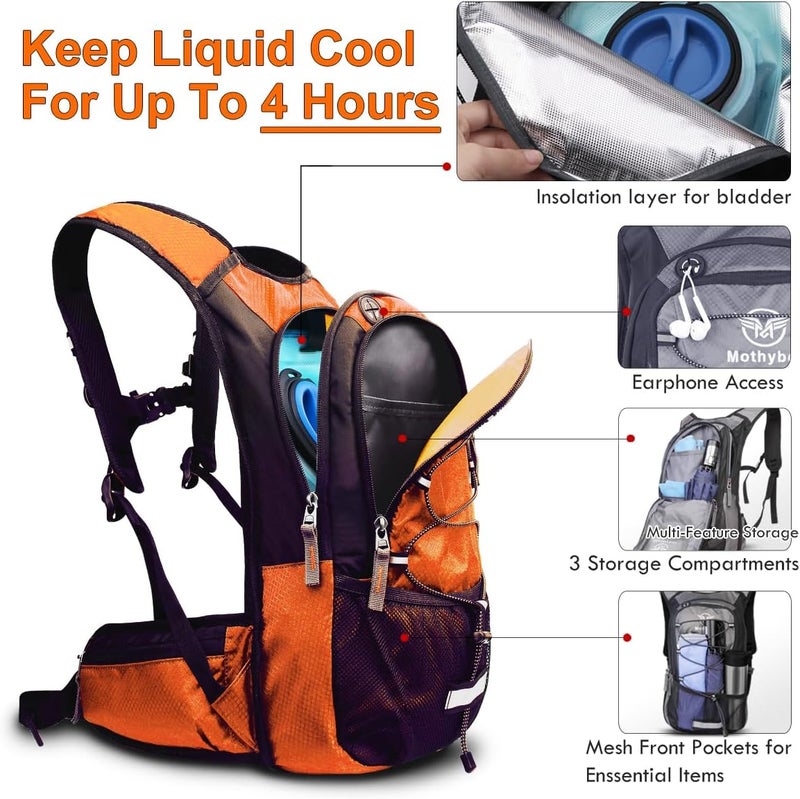 Mothybot Insulated Hydration Backpack Pack with 3L BPA Free Leak Proof Water Bladder, Large Storage Lightweight Hiking Daypack with Waist Pouches & Cooler Layer, for Running, Biking, Camping, Festival - Image 4